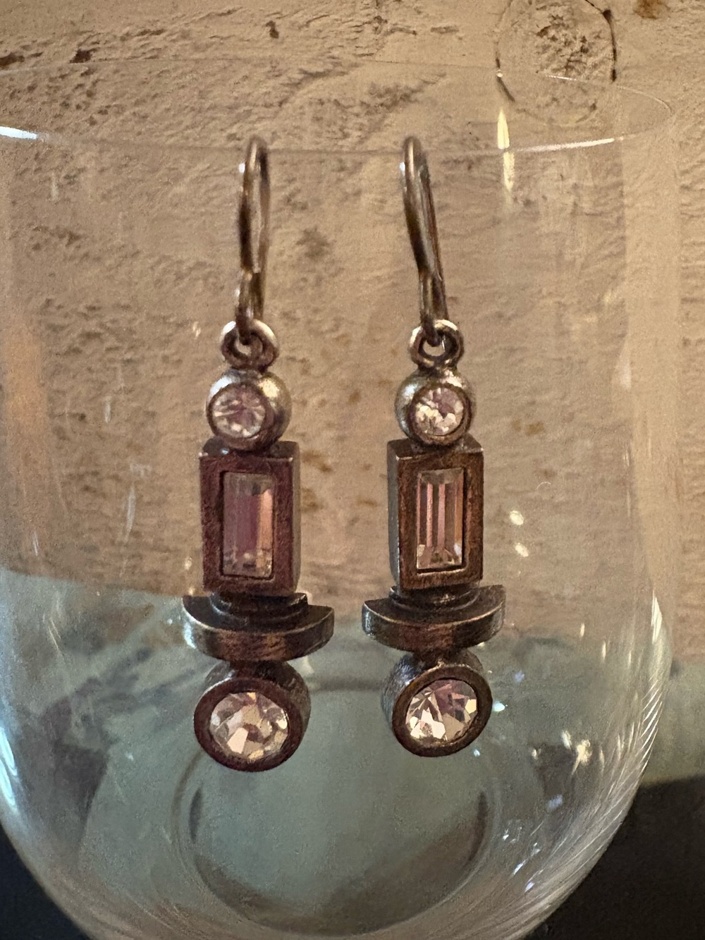 Patricia Locke Stamped Vintage-Inspired Silver Tone Crystal Drop Earrings (EUC)